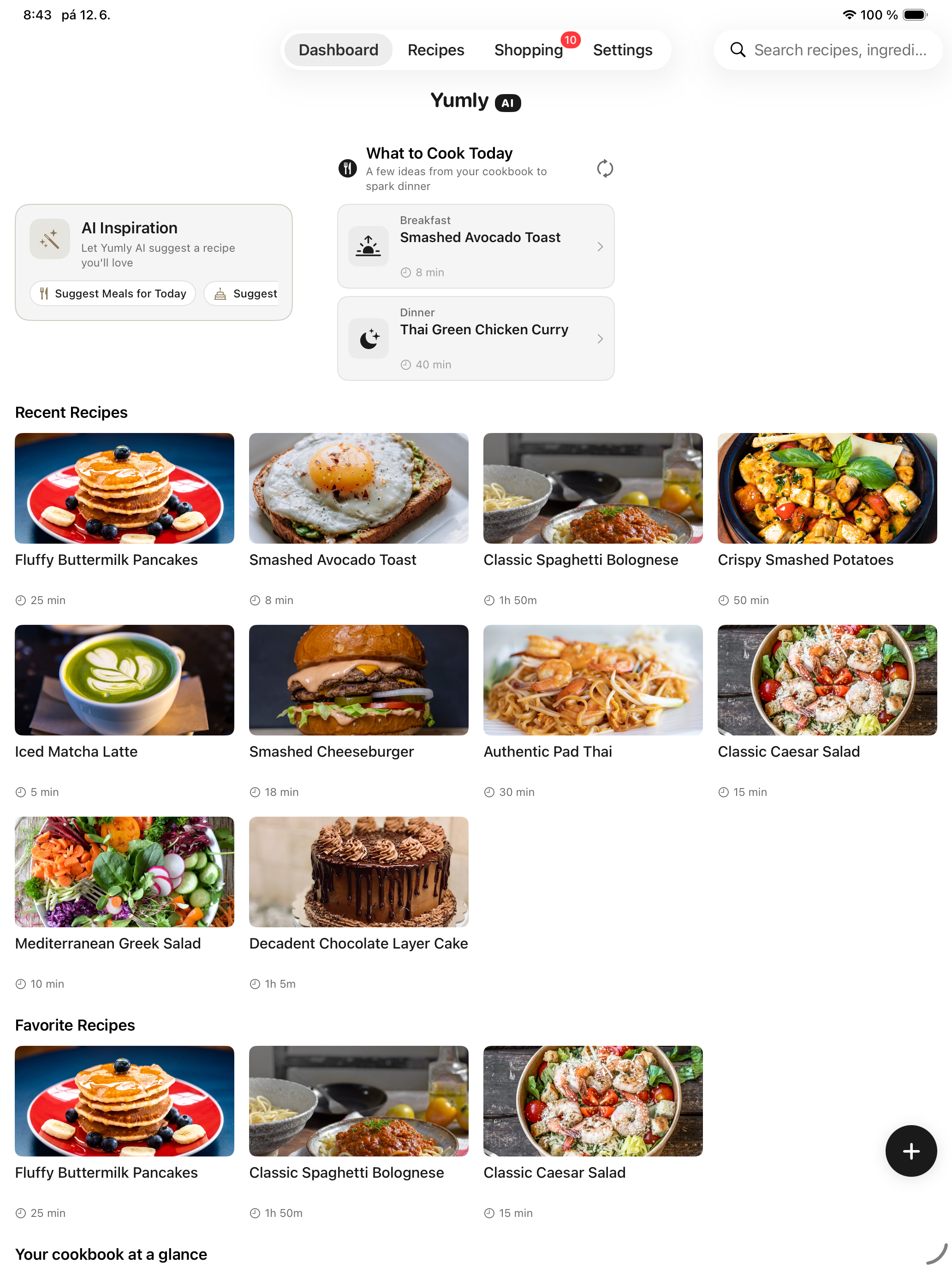 Yumly AI dashboard on iPad showing recent recipes and AI meal suggestions
