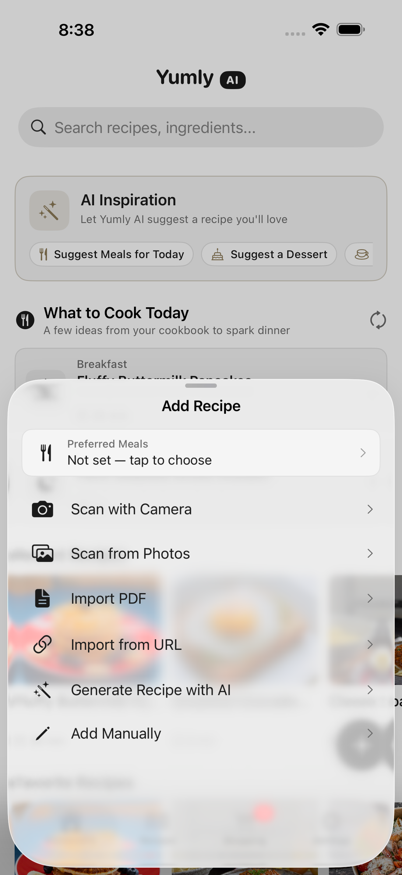 Yumly AI Add Recipe menu showing Scan with Camera, Scan from Photos, Import PDF, Import from URL, Generate Recipe with AI, and Add Manually