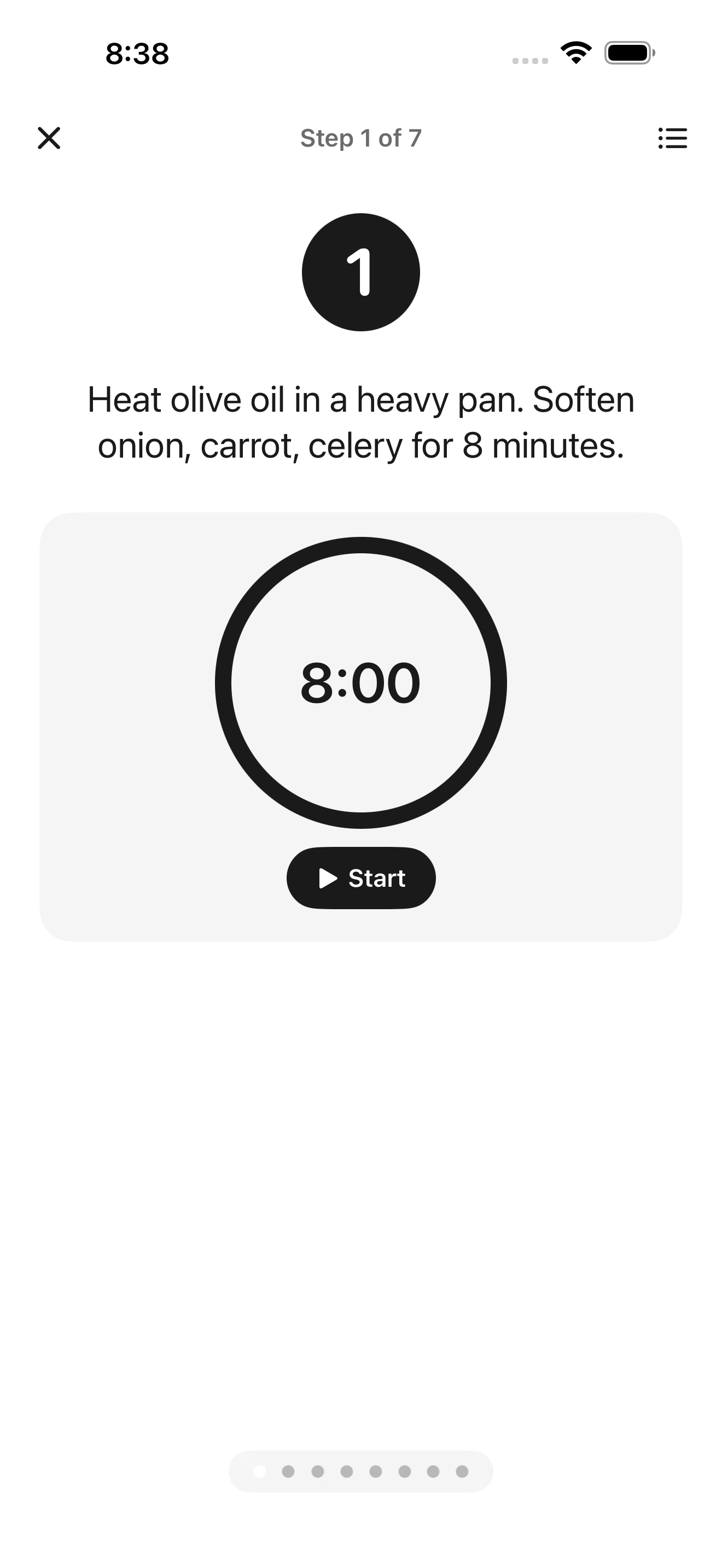 Yumly AI Cooking Mode showing a full-screen cooking step with a countdown timer