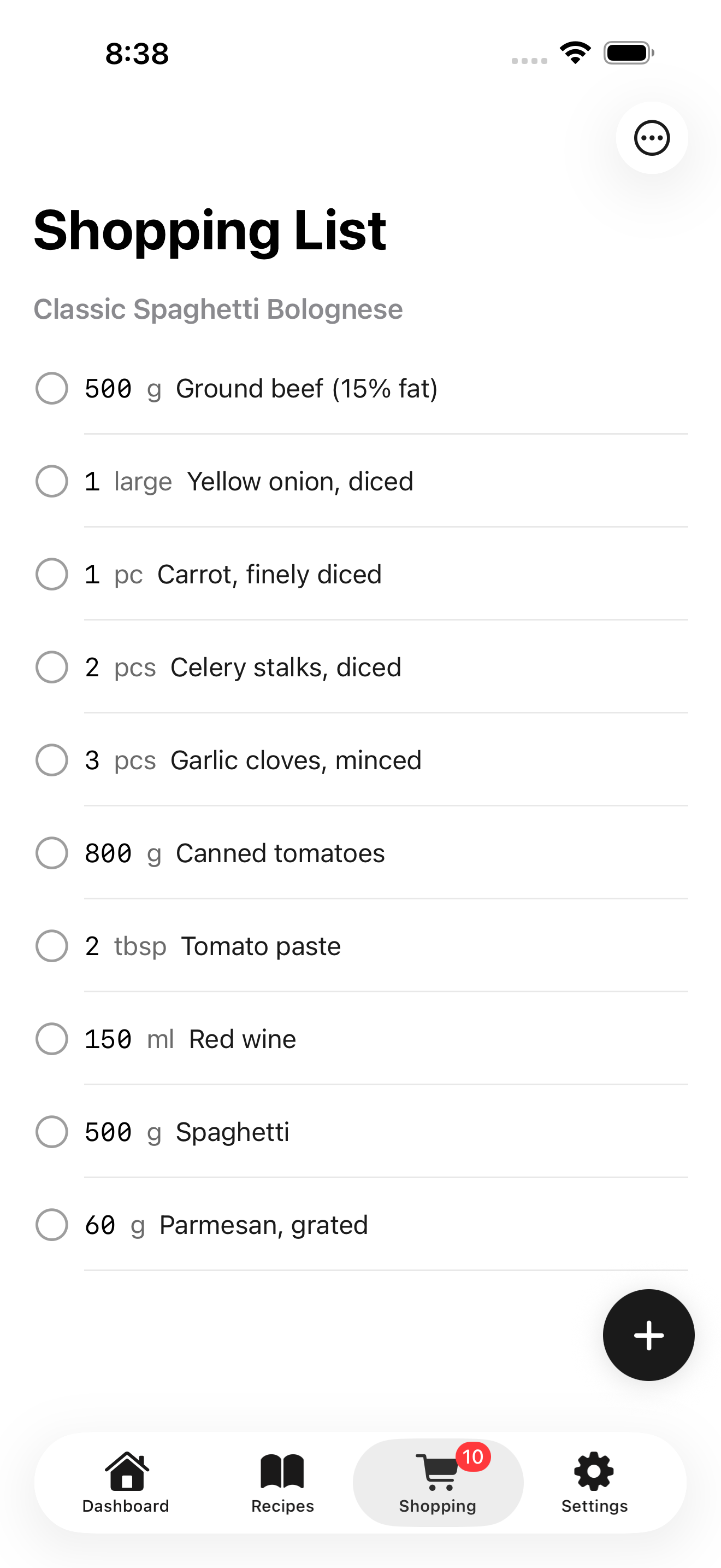 Yumly AI shopping list with ingredients added from recipes and items checked off